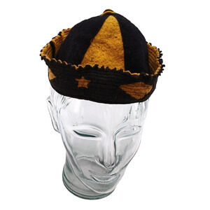 Vintage 2-Tone Yellow / Black Wool Hat Beanie Cap GEOMETRIC Diamond Star Design